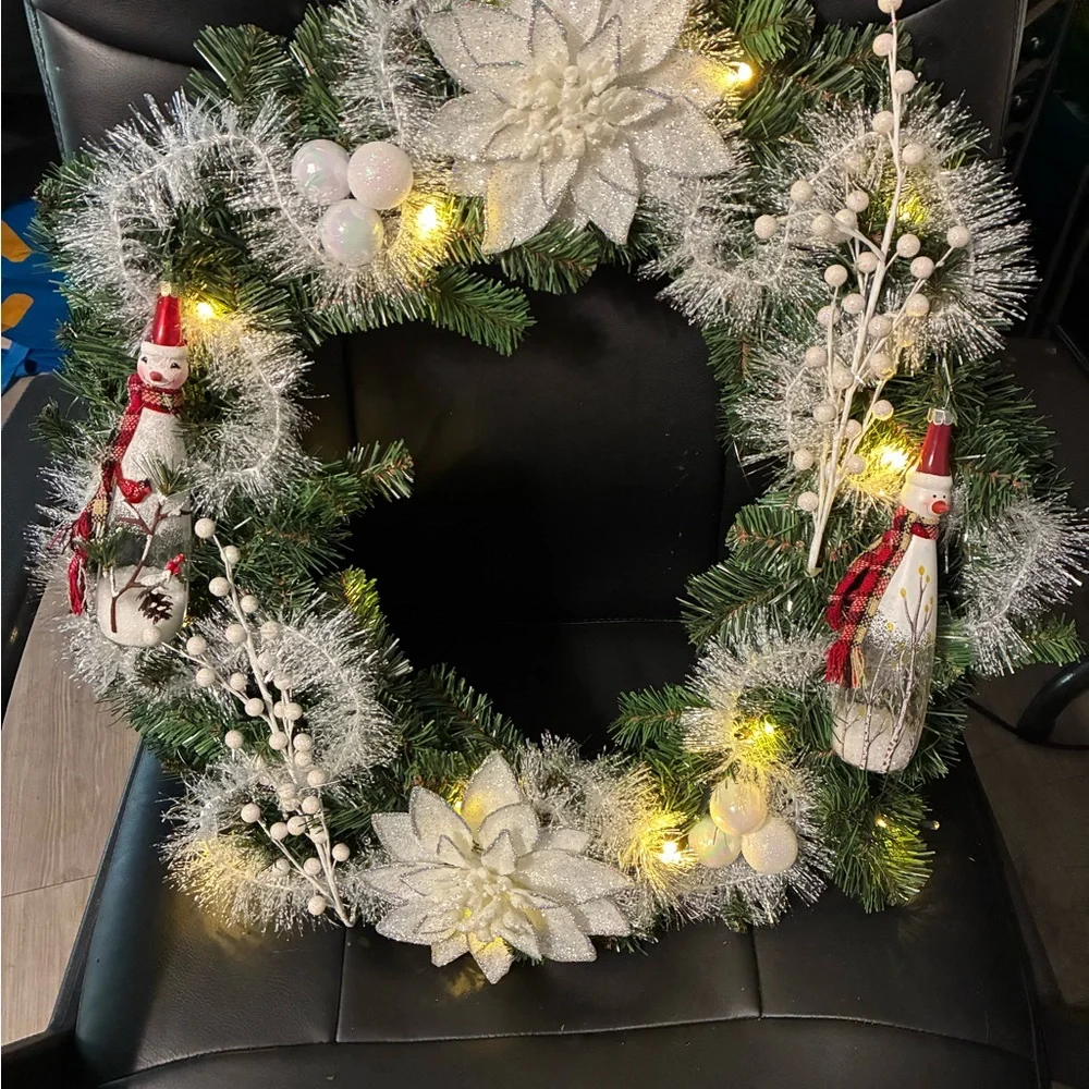 Hand Crafted Holiday Lit Wreath with Snowman and White Accents